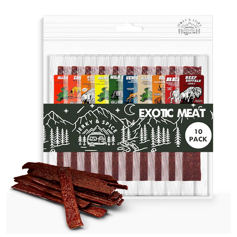 Jerky-n-Spice Buffalo Bob's Exotic Jerky (10 Pack) | Meat Snack Variety Set | Gourmet Wild Game Sampler Gift Set | Beef Jerky Gifts for Men | Snacks for Fathers | Animal Protein Variety Set | Exotic Pack - Image 1
